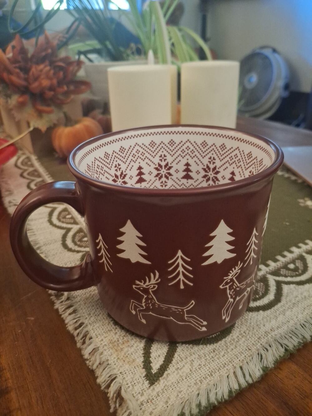 Peppermint And Pine Mug Rug And White With Reindeer And Trees Size Large